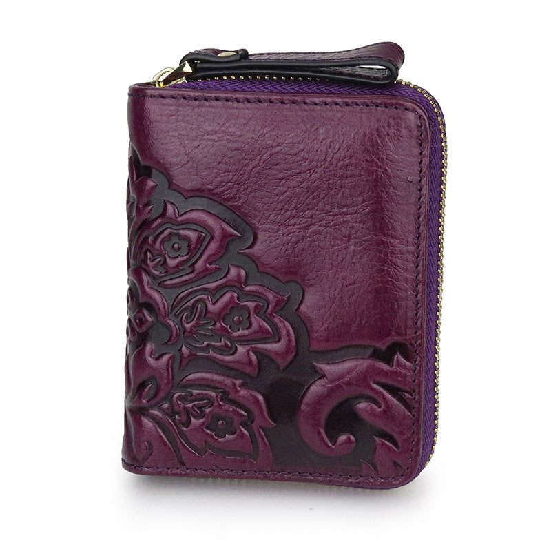 Women's One-piece Embossed First Layer Oil Wax Cowhide Short Ladies Wallets