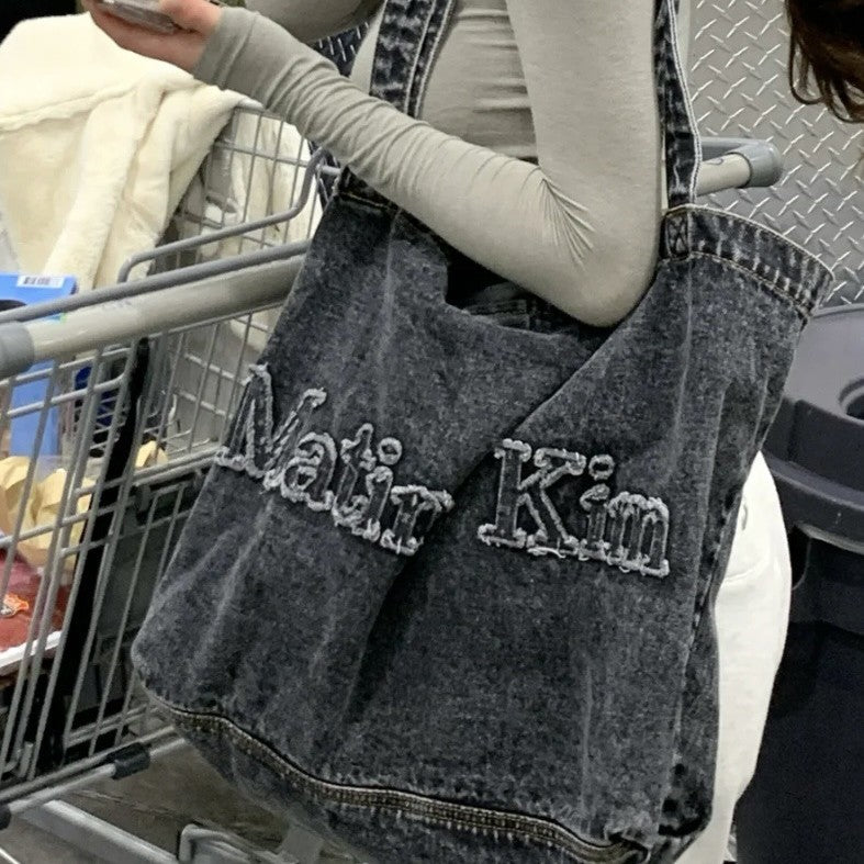 Women's Niche Denim Embroidery Letter Large Capacity Handbags
