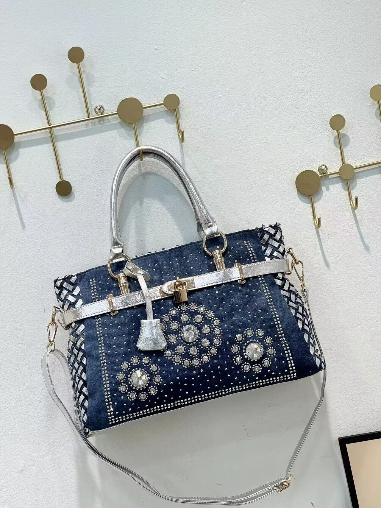 Women's Jean Diamond Woven Rivet Portable Trendy Fashion Handbags