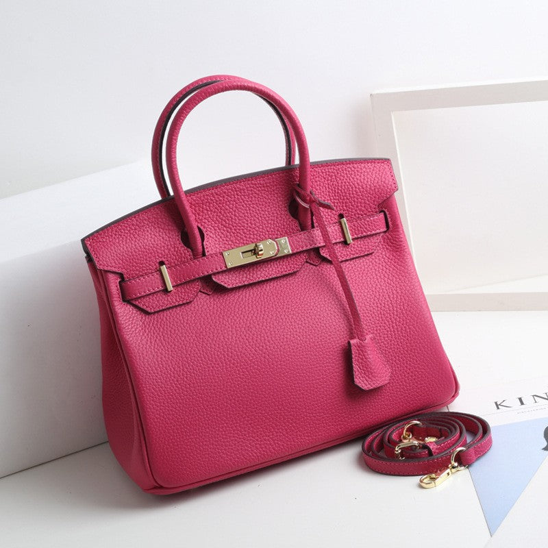 Women's Lychee Pattern Kelly Genuine Leather First Handbags