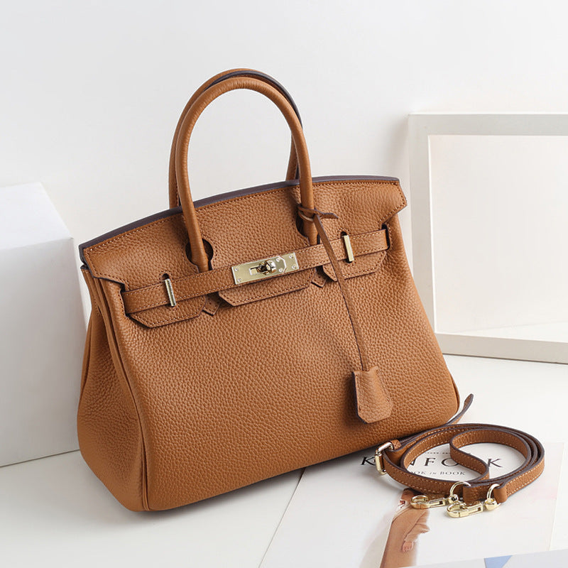 Women's Lychee Pattern Kelly Genuine Leather First Handbags