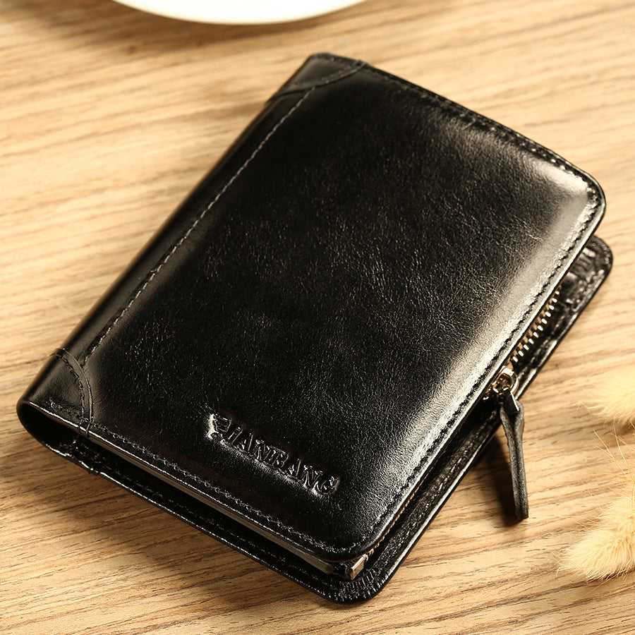 Men's Cowhide Pocket Zipper Multiple Slots Short Men's Wallets