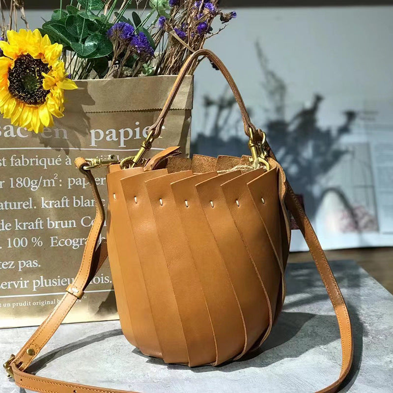 Women's First Layer Cowhide Handmade Vegetable Basket Crossbody Bags