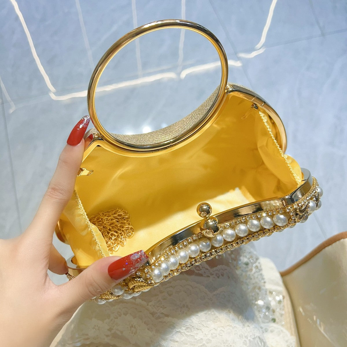 Women's Sier Shiny Luxurious Tassel Rhinestone Stitching Beaded Handbags