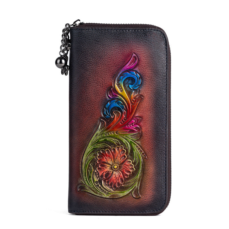 Women's First Layer Cowhide Mid-length Embossed Retro Handbags