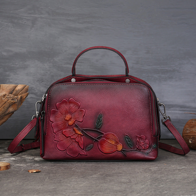 Women's Cowhide Vintage Pillow Artistic National Style Embossed Large Handbags