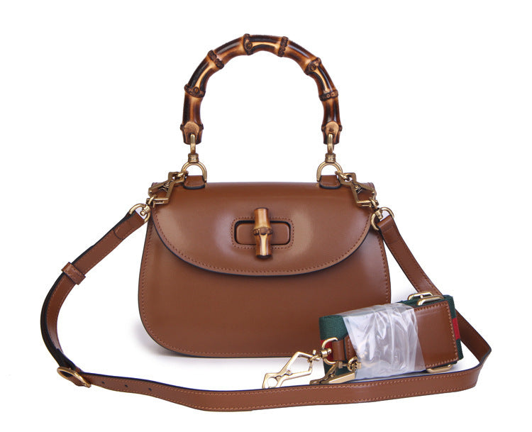 Women's Bamboo Retro Textured Genuine Leather Home Shoulder Bags