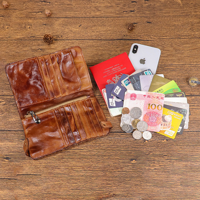 Men's Cowhide Hand-rub Color Distressed Long Retro Multiple Men's Wallets