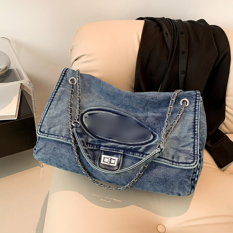 Women's Washed Denim Hobo Chain Jingle Large Crossbody Bags