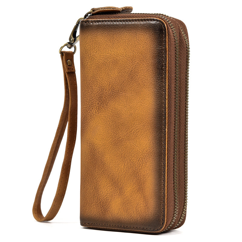 Men's Horse Leather Long Genuine Double Zip Multiple Phone Bags