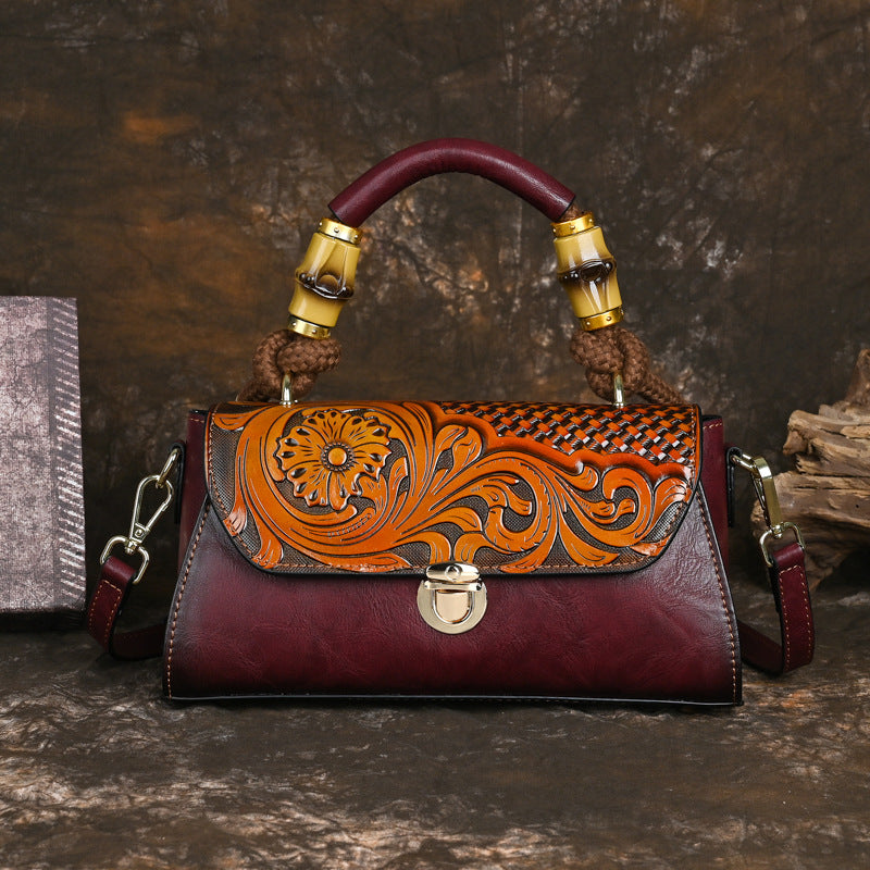 Women's Retro National Style Material Leather Carving Handbags