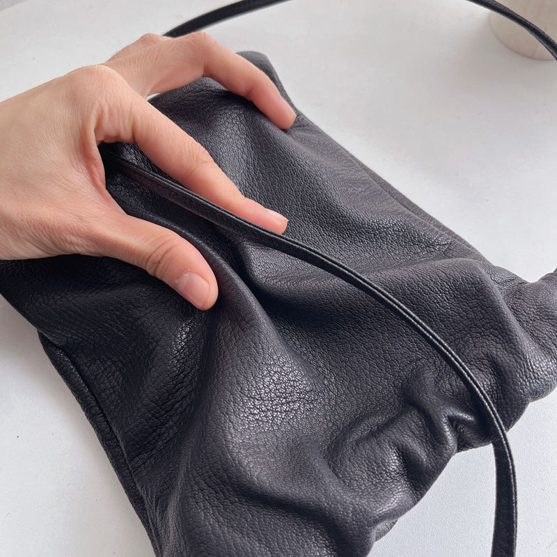 Women's Lightweight Minimalist Elegant Soft Glutinous Genuine Leather Drawstring Crossbody Bags