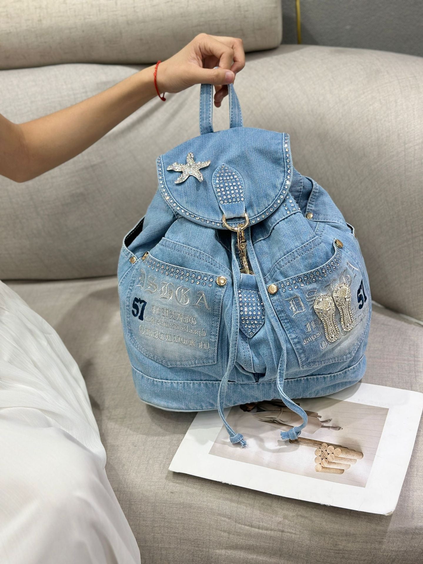 Women's Korean Jean Vintage With Diamonds Leisure Backpacks