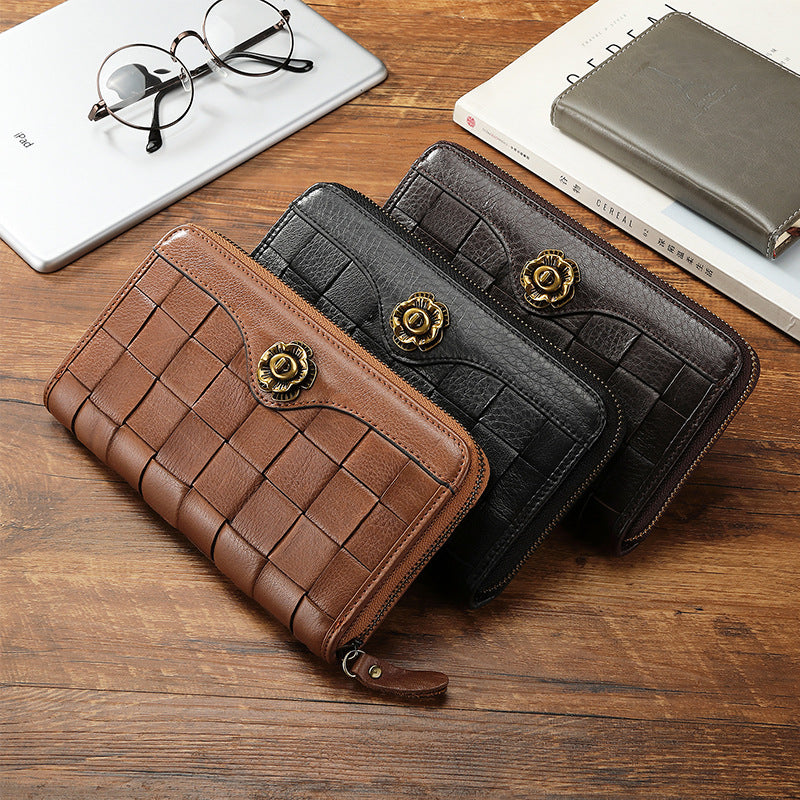 Men's Layer Cowhide Woven Long Zipper Leather Men's Wallets