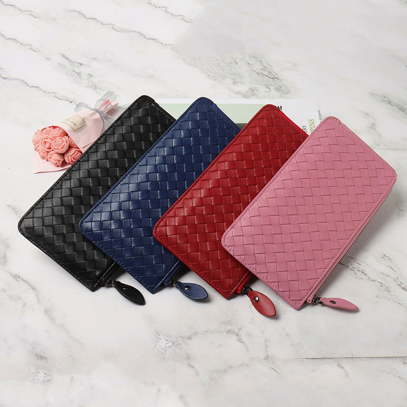 Women's Genuine Leather Long Handmade Sheepskin Woven Thin Ladies Wallets