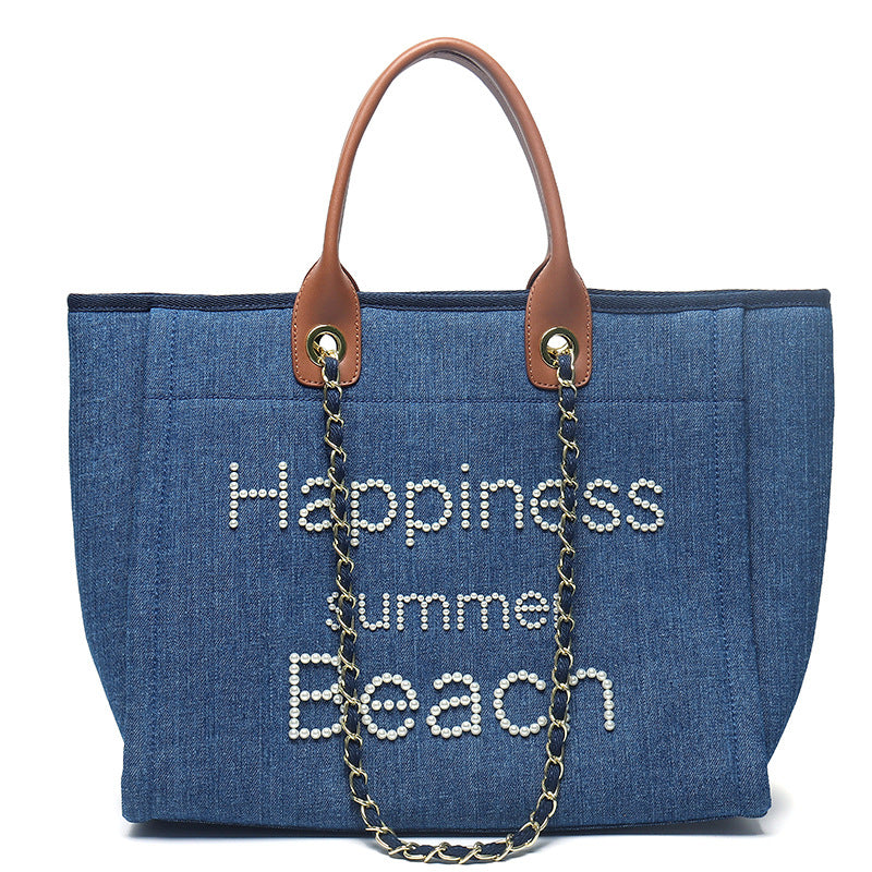 Women's Genuine Leather Portable Chain Pearl Beach Handbags