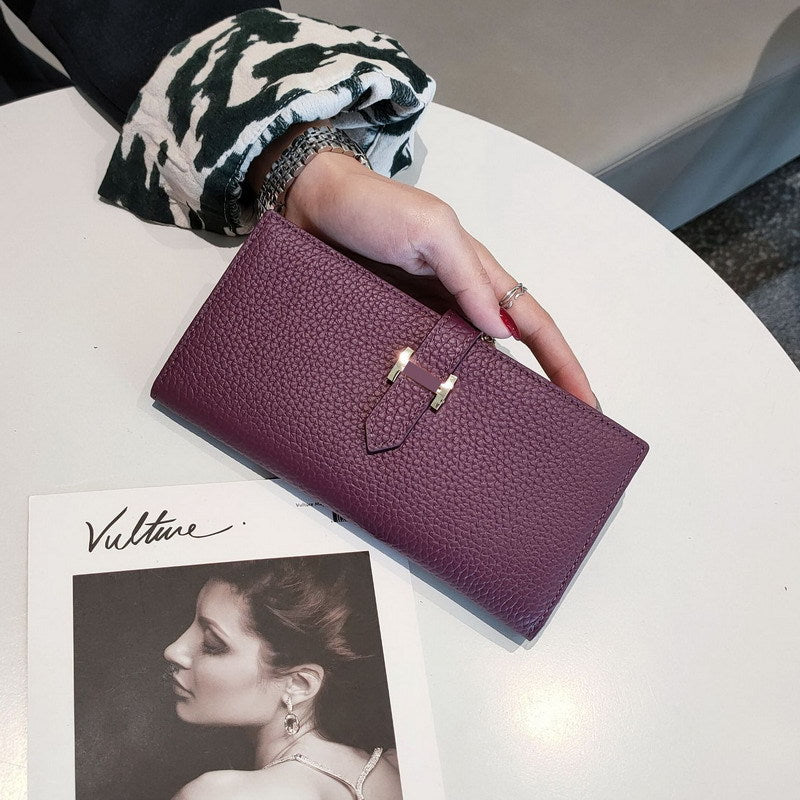 Women's Simple Cowhide Clutch Litchi Pattern Fashion Long Ladies Wallets