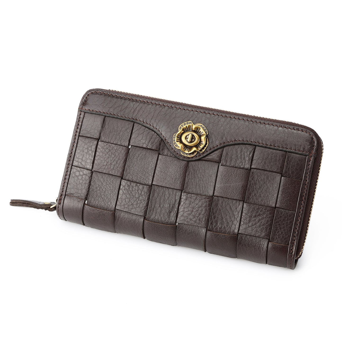 Men's Layer Cowhide Woven Long Zipper Leather Men's Wallets