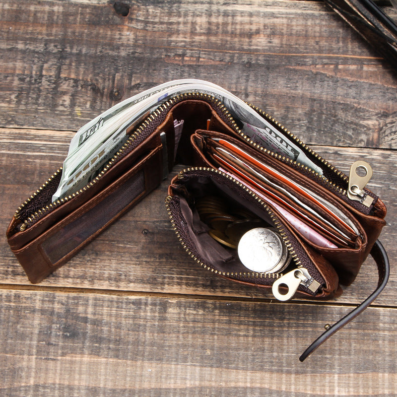 Men's Crazy Horse Leather Zipper Hasp Genuine Men's Wallets