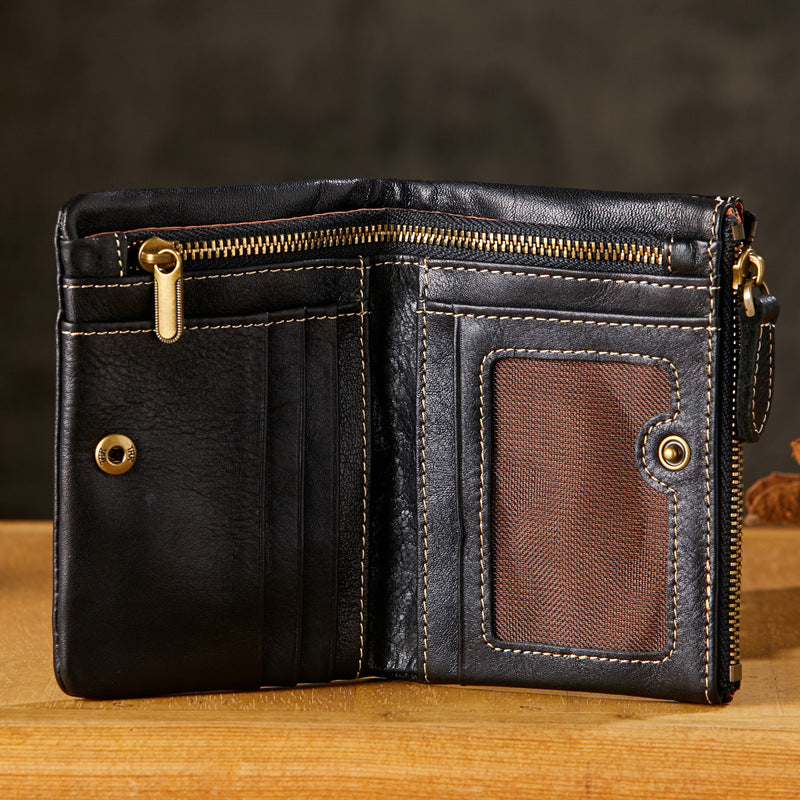 Men's Short Genuine Leather Vertical Zipper Green Individual Men's Wallets