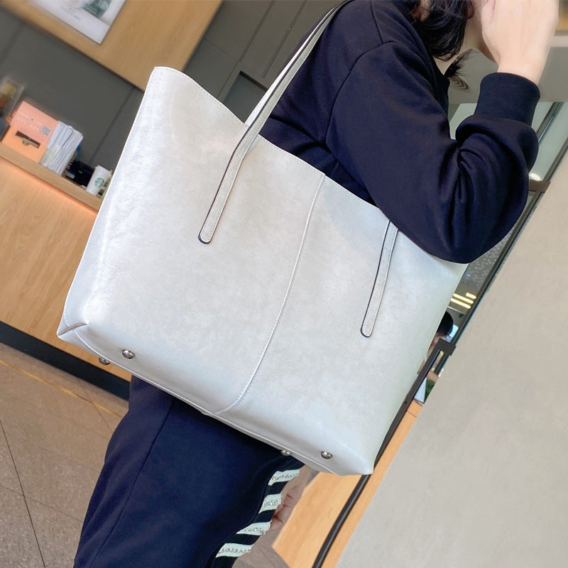 Women's Genuine Leather Simple Big Oil Wax Shoulder Bags
