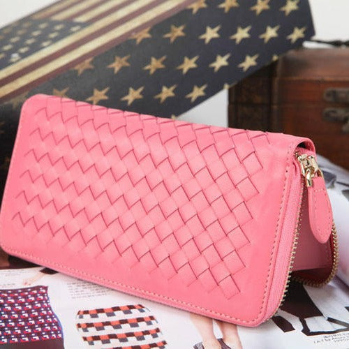 Women's Woven Long Gradient Zipper Genuine Leather Ladies Wallets