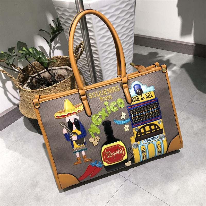 Women's Fashion Embroidered Mexican Theme Large Capacity Shoulder Bags
