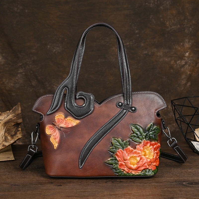 Women's Leather Retro Clutch Chinese Style First Handbags