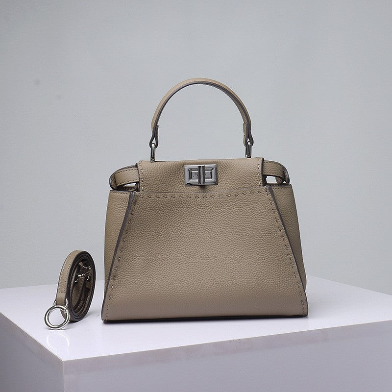 Lychee Pattern Metal Catch Genuine Leather Handbags