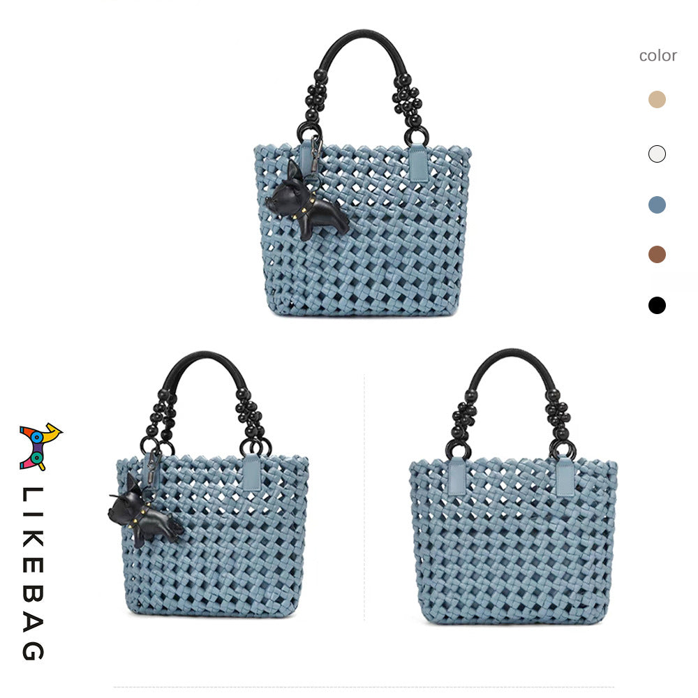 Women's Vegetable Basket Woven Portable Advanced Hollow Wooden Bead Handbags