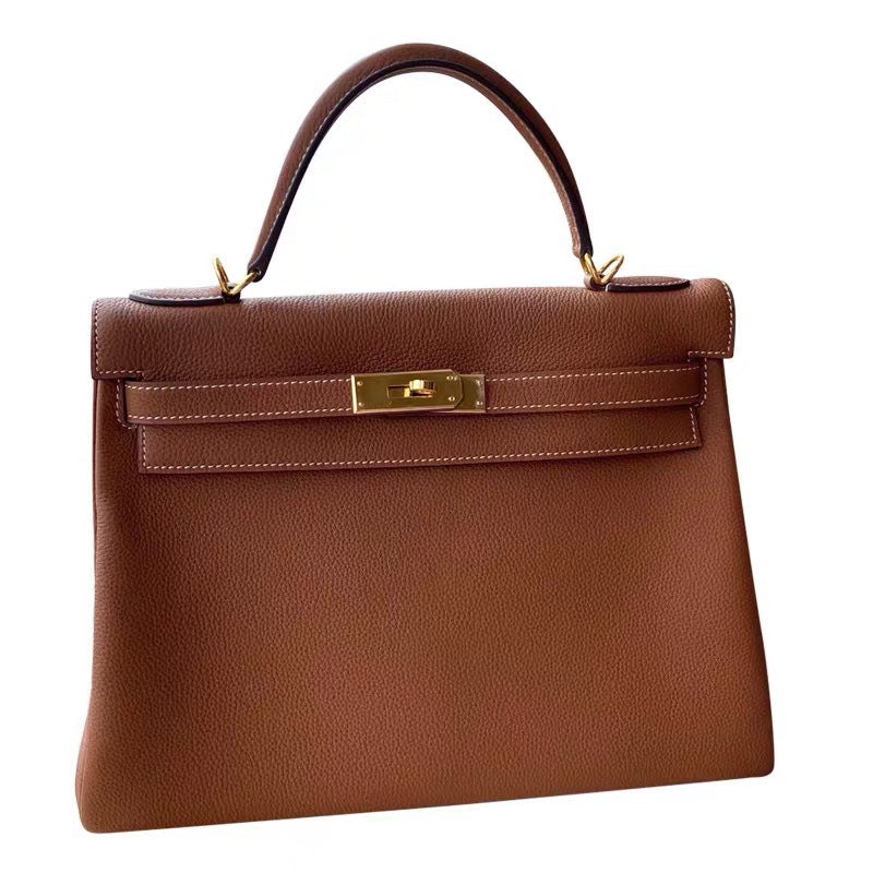 Women's Quality Kelly Lychee Pattern Calfskin Portable Handbags