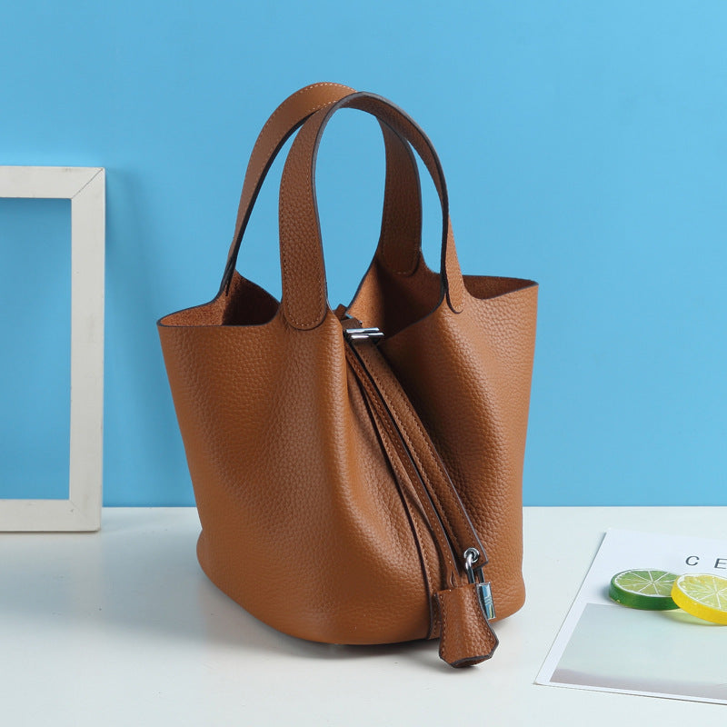 Lychee Pattern Vegetable Basket Genuine Leather Fashion First Layer Handbags
