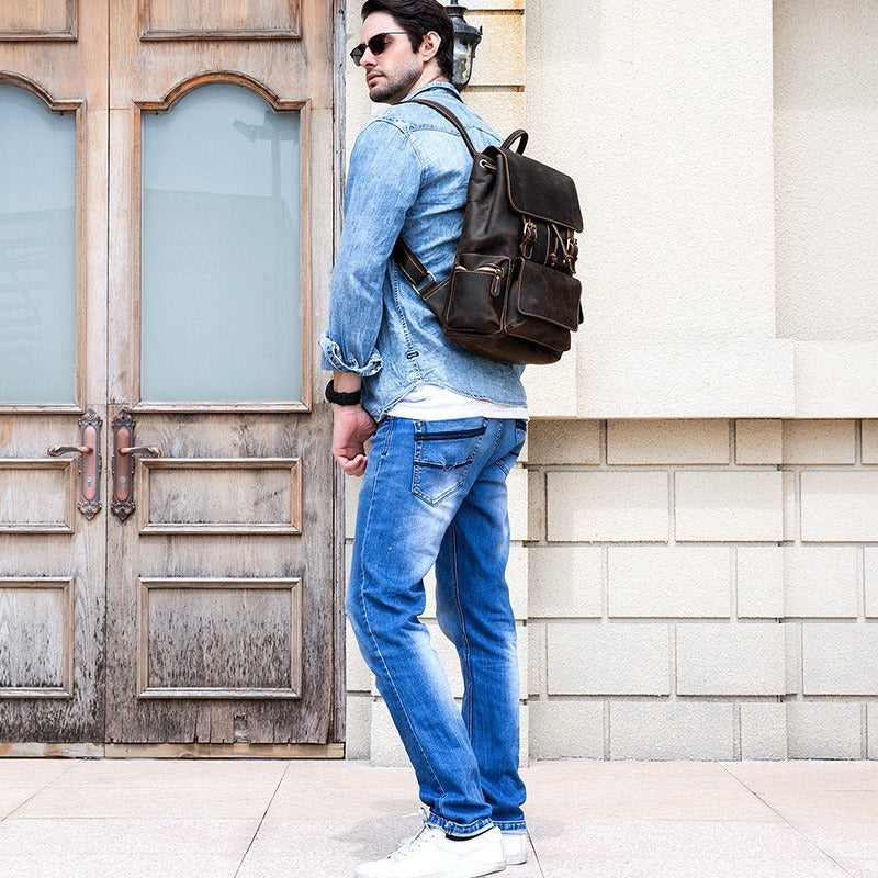Men's Horse Leather Vintage Genuine Flip First Backpacks