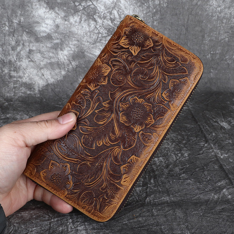 Men's Leather Zipper Retro Embossing First Layer Men's Wallets