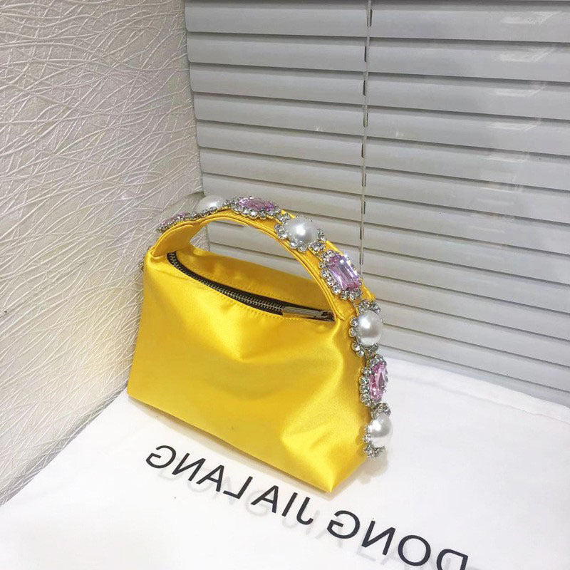 Women's Rhinestone Pearl Pillow Dinner Silk Lunch Handbags