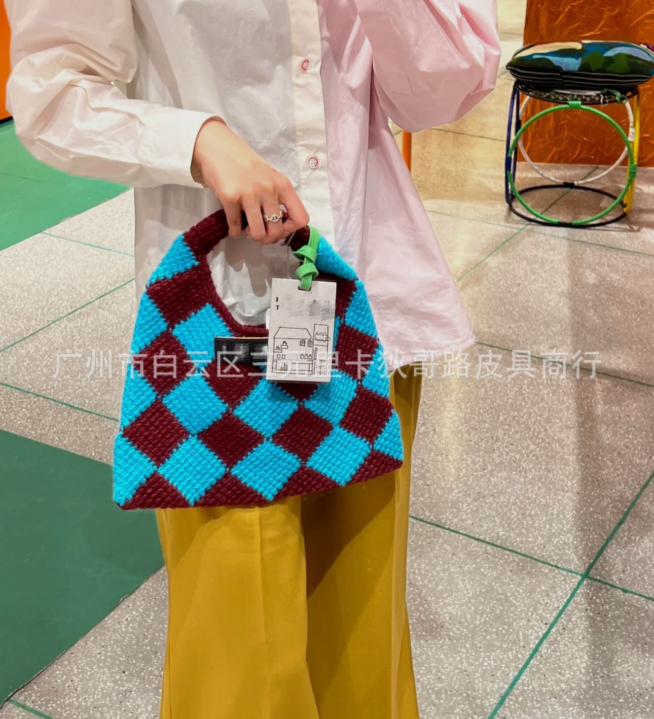 Woolen Yarn Classic Rhombus Hand Chessboard Handmade Handbags