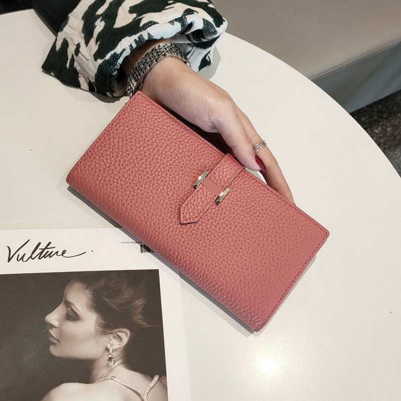Women's Simple Cowhide Clutch Litchi Pattern Fashion Long Ladies Wallets