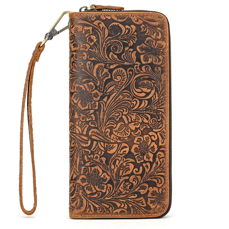 Men's Crazy Horse Leather Retro Embossing Fashion Long Men's Wallets