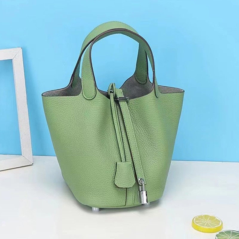 Lychee Pattern Vegetable Basket Genuine Leather Fashion First Layer Handbags