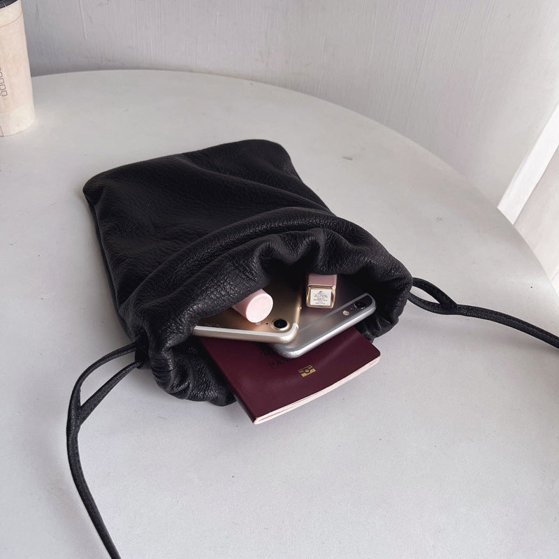 Women's Lightweight Minimalist Elegant Soft Glutinous Genuine Leather Drawstring Crossbody Bags