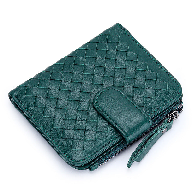 Women's Short Sheepskin Woven Classic Half Fold Ladies Wallets