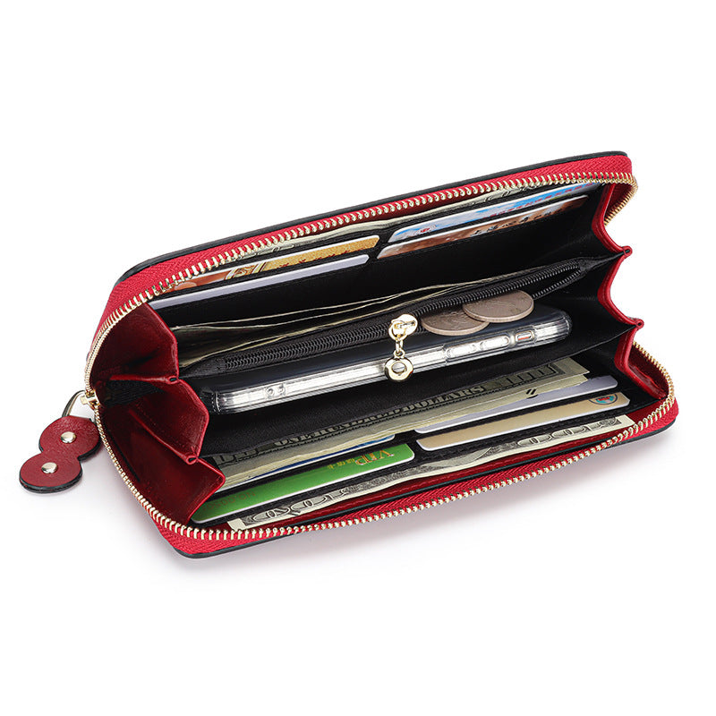 Women's Wax First Layer Cowhide Zipper Large Ladies Wallets