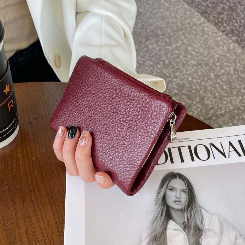 Women's Leather Short Folding First Layer Cowhide Ladies Wallets