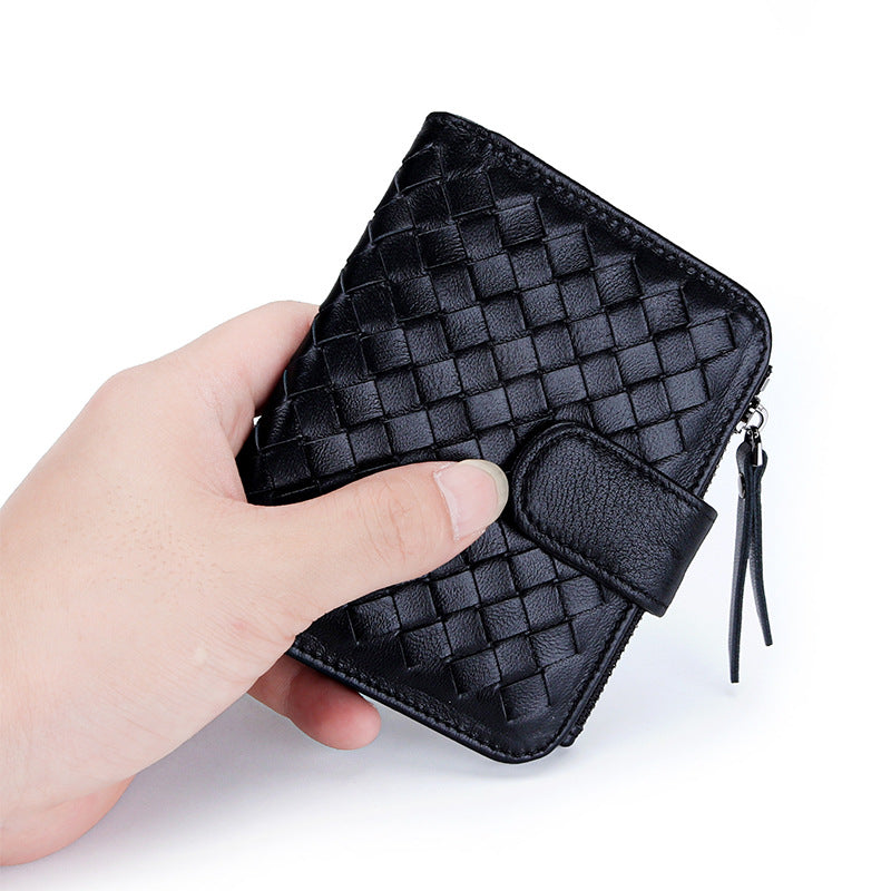 Women's Short Sheepskin Woven Classic Half Fold Ladies Wallets