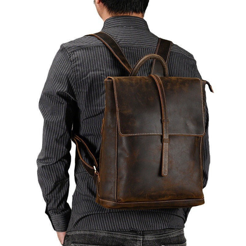 Men's Retro Crazy Horse Leather Computer Clamshell Top Backpacks