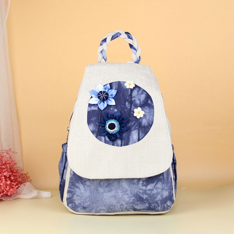 Women's Handmade Fabric Flower Double Layer Zipper Backpacks
