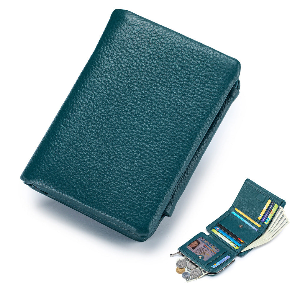 Women's Leather Large Capacity First Layer Cowhide Three-fold Ladies Wallets