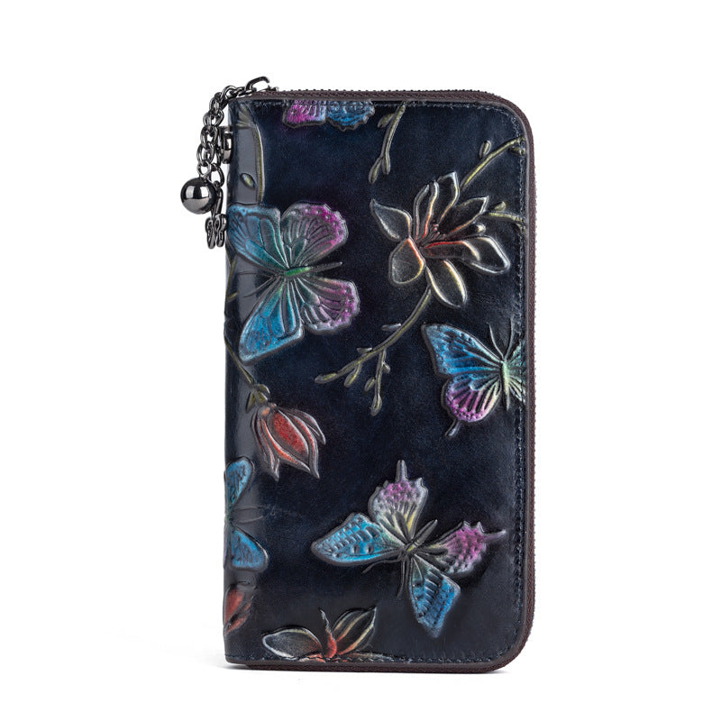 Women's First Layer Cowhide Chinese Style Embossing Ladies Wallets