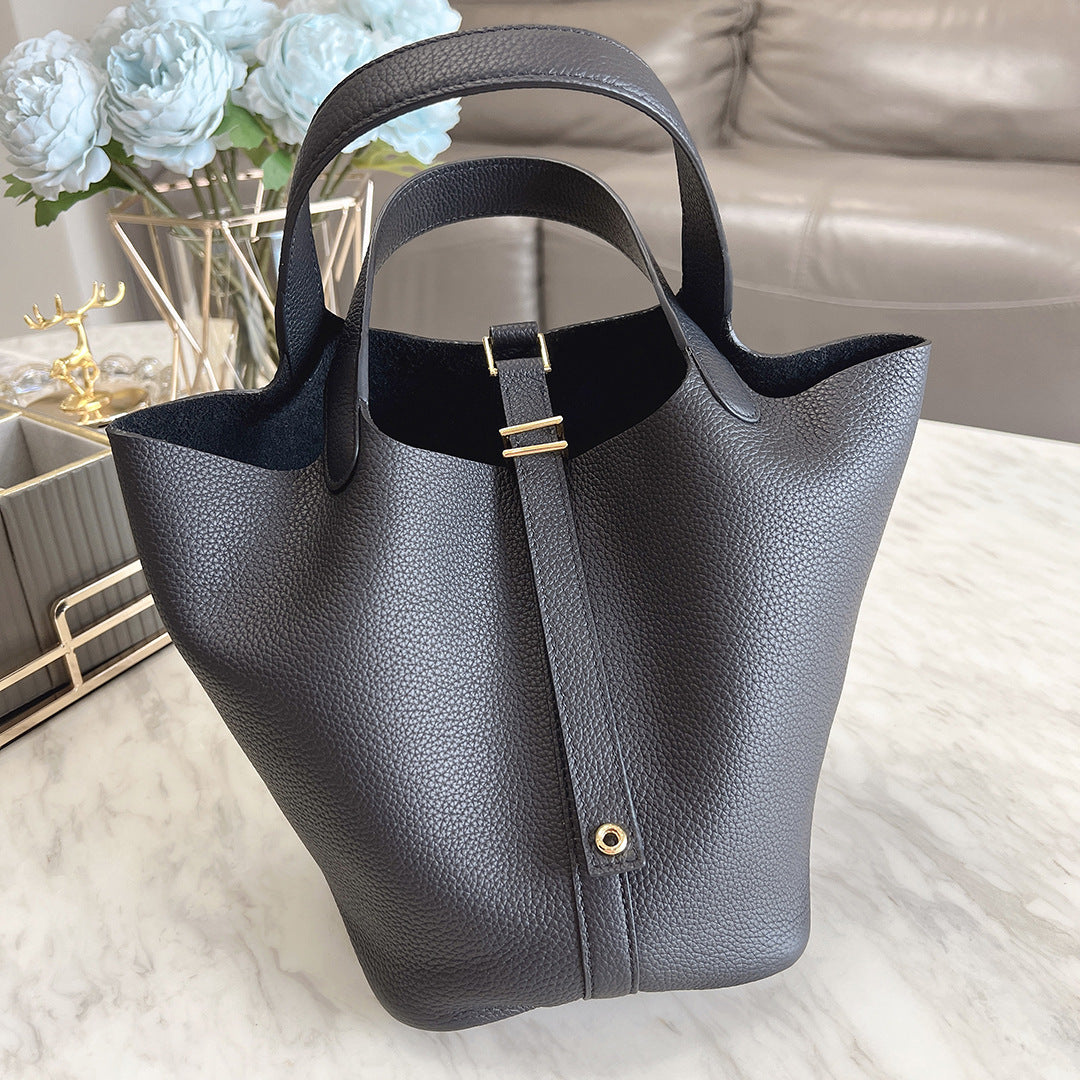 Women's Leather Vegetable Basket Lychee Pattern Cowhide Handbags