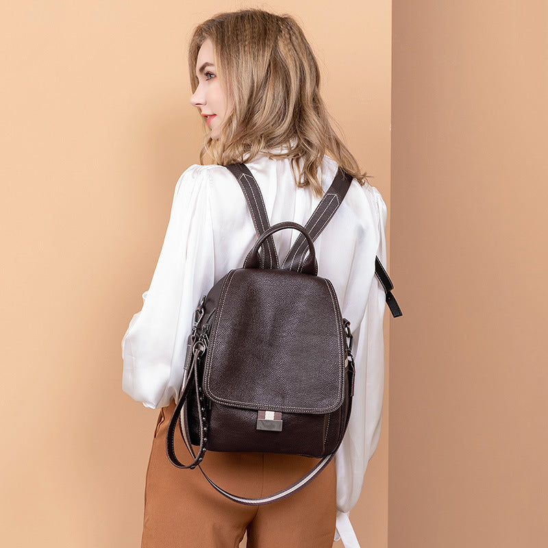 Women's Korean Cowhide Flip Soft Leather Backpacks